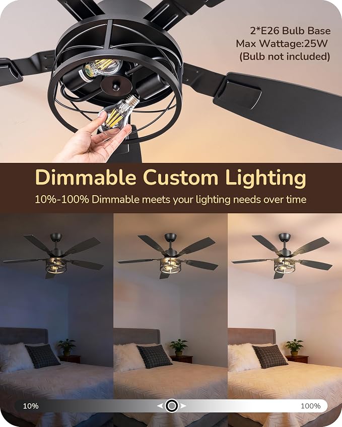 EDISHINE 52" Farmhouse Ceiling Fans with Lights and Remote, 10%-100% Dimmable, 6 Speeds, 5 Wood Blades, Reversible DC Motor, Timer, Quiet, Rustic Caged Fandelier Ceiling Fan for Bedroom Living Room