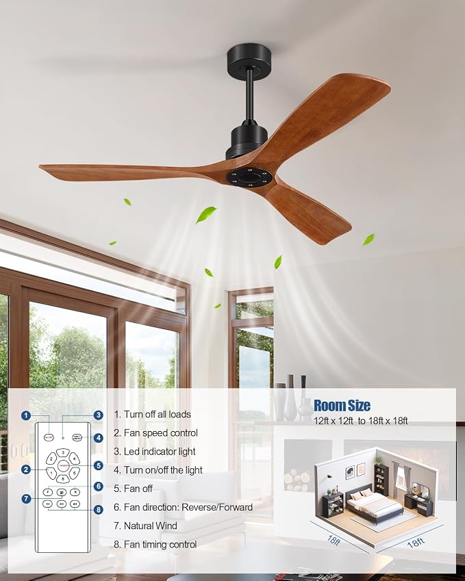 Ceiling Fans With Remote Control, Outdoor Ceiling Fan for Patios Indoor, 3 Downrods, 3 Blades, Timer, 6 Speed Reversible Quiet DC Motor Modern Fan Solid Wood Fan, 60in, Brown