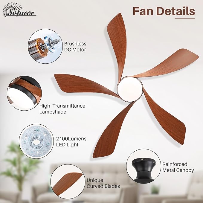 Sofucor 42 Inch Low Profile Ceiling Fan with Light, Flush Mount Outdoor Ceiling Fan with Remote for Farmhouse Bedroom Living Room Patio, Dimmable LED High Airflow Quiet Reversible DC Motor