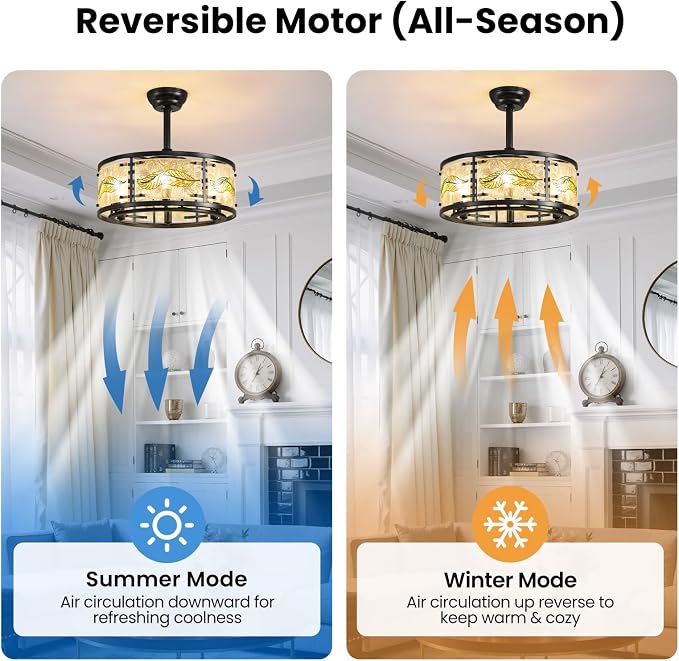 AIJIASI 20" Black Caged Ceiling Fan with Lights, Fandelier Ceiling Fan with Lights Remote Control, 6 Speeds Mid Century Chandelier Ceiling Fan for Bedroom Living Room Nursery