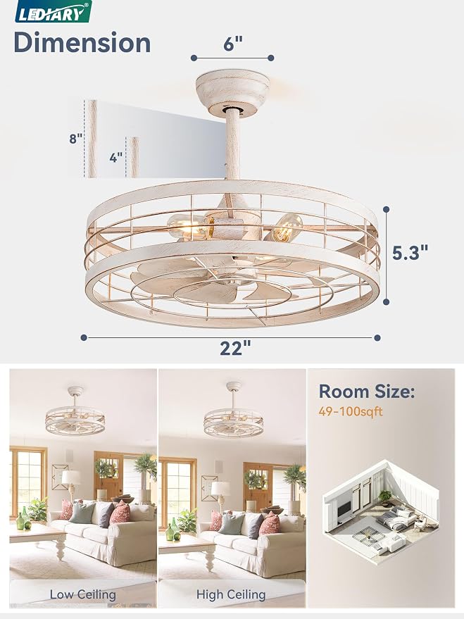 LEDIARY 22 inch Caged Ceiling Fan with Light, Bladeless Industrial Ceiling Fan with Remote, Farmhouse Fan Lights Ceiling Fixtures for Kitchen, Bedroom, Outdoor（6 Speed, Timing）-White and Gold