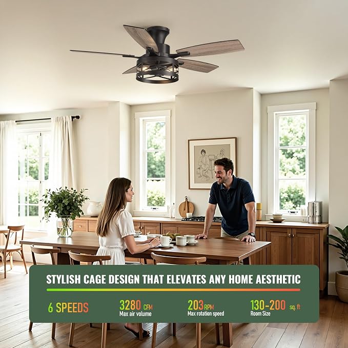 42 Inch Flush Mount Ceiling Fans with Lights and Remote, Farmhouse Low Profile Ceiling Fan with LED Lighting for Bedroom Living Room and Patio, Black Caged Ceiling Fan for Indoor and Outdoor(NO Bulbs)