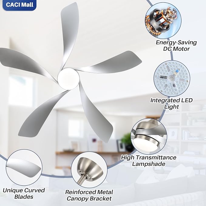CACI Mall 52 inch Smart Ceiling Fan with Lights, Remote Control, Compatible with Alexa/Google/App, 5 Blades, Dimmable Lighting, Quiet, Indoor/Outdoor Ceiling Fans for Living Room, Bedroom, Patios