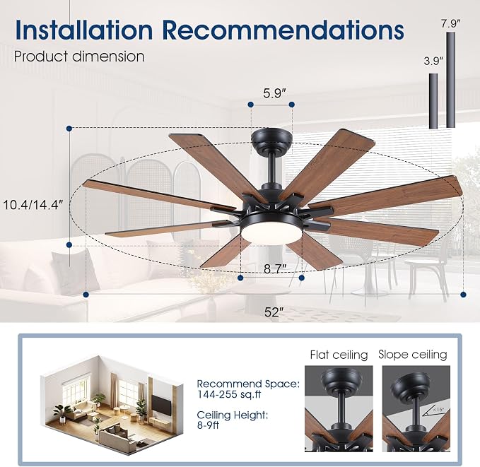 Kviflon 52 Inch Ceiling Fans with Lights, Modern Brown Ceiling fan with light for Bedroom Living Room Indoor Outdoor, Remote/APP Control, Reversible Quiet DC Motor, Dimmable LED, 8 Wooden Blades