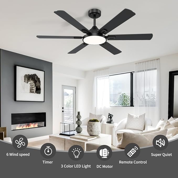 52 Inch Ceiling Fans with Lights, 6 Wooden Blades, Black | Remote Control, Reversible Quiet DC Motor, 6-Speed, 3CCT Dimmable LED, Timer for Living Room, Bedroom, Office