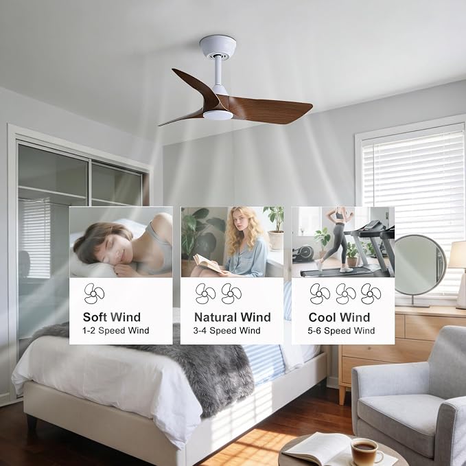 30 Inch Small White Ceiling Fan No Light with Remote 6 Speeds | 30 inch quiet ceiling fan without light. 6 speeds reversible DC motor timer for small room bedroom kitchen covered patio