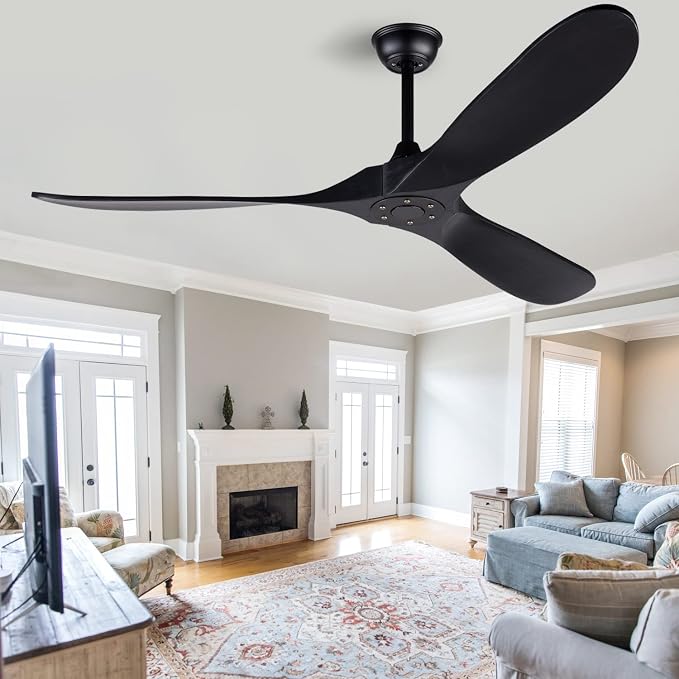 60 Inch Black Ceiling Fan No Light ，Wood Indoor Outdoor Ceiling Fans for Patios Living Room Bedroom Porch Big Farmhouse Ceiling Fan for Flat Sloped Angled Ceiling