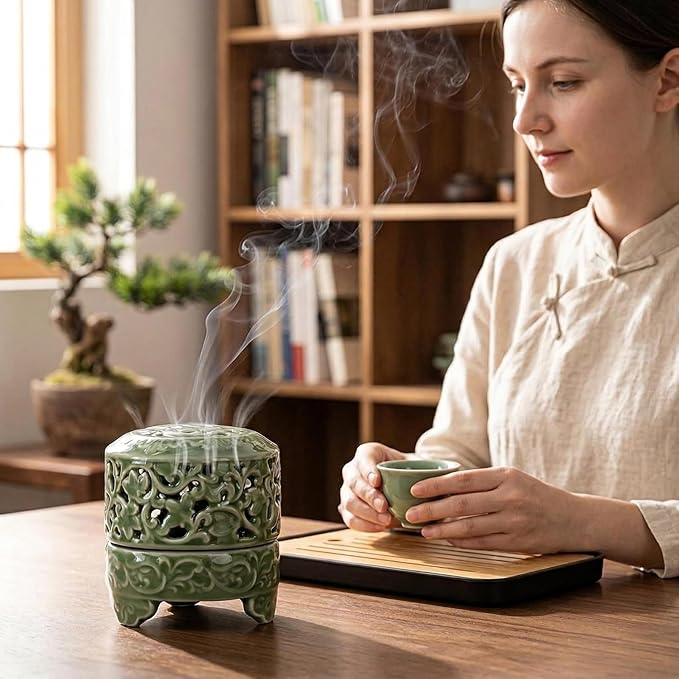Mini Ceramic Incense Burner - Chinese Classic Plum Green Celadon Glaze, Fragrance Cone & Stick Holder Palo Santo/Sage/Herb Burner for Meditation, Yoga, Desk Decor, Zen Relaxation Gift (Cloud-A)