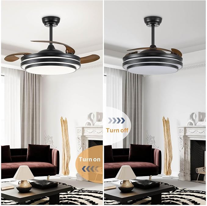 FIDGRA 48 Inch Fandelier Ceiling Fan with Light, Retractable Ceiling Fan with Lights for Bedroom Living Room Dinning Room, Chandelier with Fan 6 Speed, 3 Color Temperature-Black
