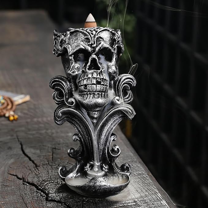 Comeon Backflow Incense Holder Burner Resin Skull Incense Burner Waterfall Incense Burner Home Decor + 20 Backflow Incense Cones + 30 Incense Sticks +1 Tweezer +1 Mat（Metallic Silver）