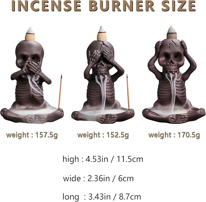 Comeon Backflow Incense Burner Skull Decor Incense Stick Holder Reverse Flow Censer Incense Waterfall Burner + Backflow Incense Cones, Incense Sticks, Tweezer, Mat (Set of 3)