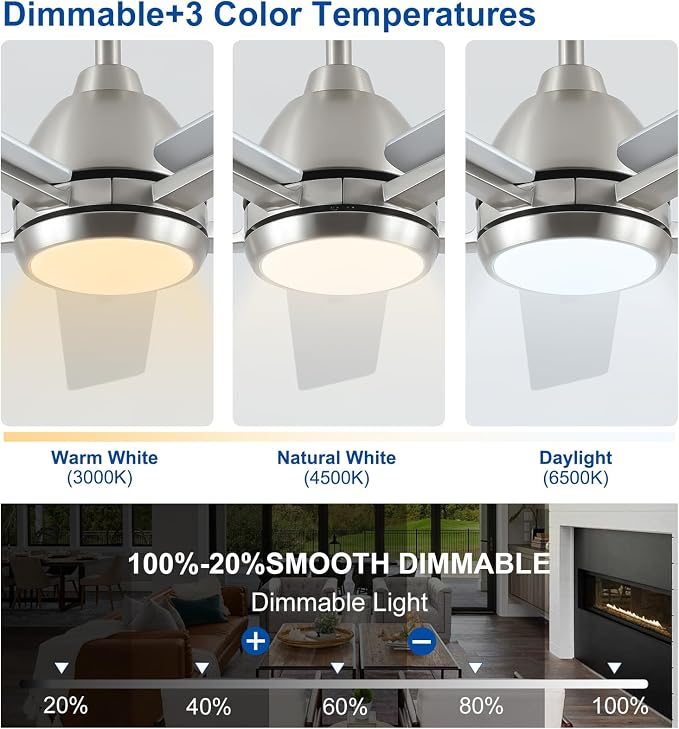 52 Inch Downrod Brushed Nickel Ceiling Fan with Light & Remote, ETL Listed | 6 Speed, Quiet DC Motor, 3-Level Timer Function, 3 Color Temperature, Forward/Reserve For all Seasons, Indoor/Covered Outdoor