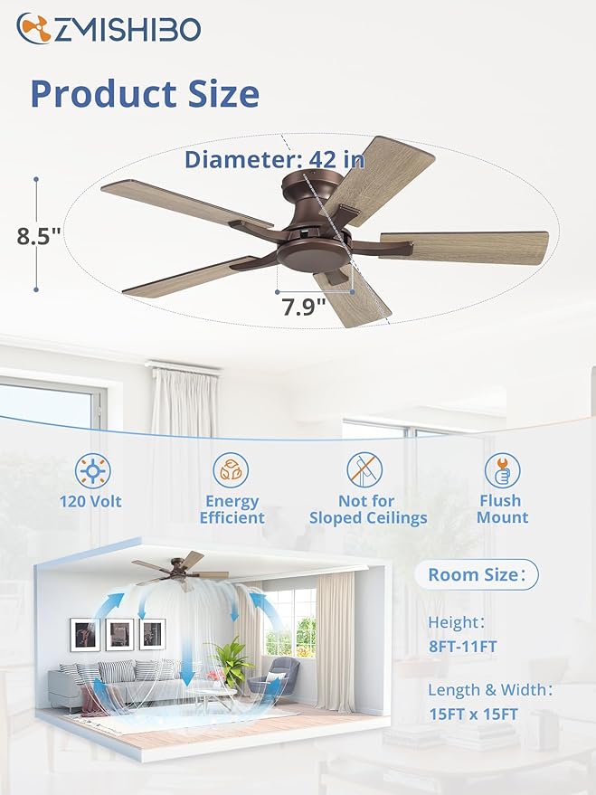 ZMISHIBO 42 Inch Ceiling Fan No Light, Flush Mount Low Profile, Farmhouse Brown Ceiling Fan Without Light, Remote Control & Quiet DC Motor, for Indoor&Outdoor, Bedroom, Living Room
