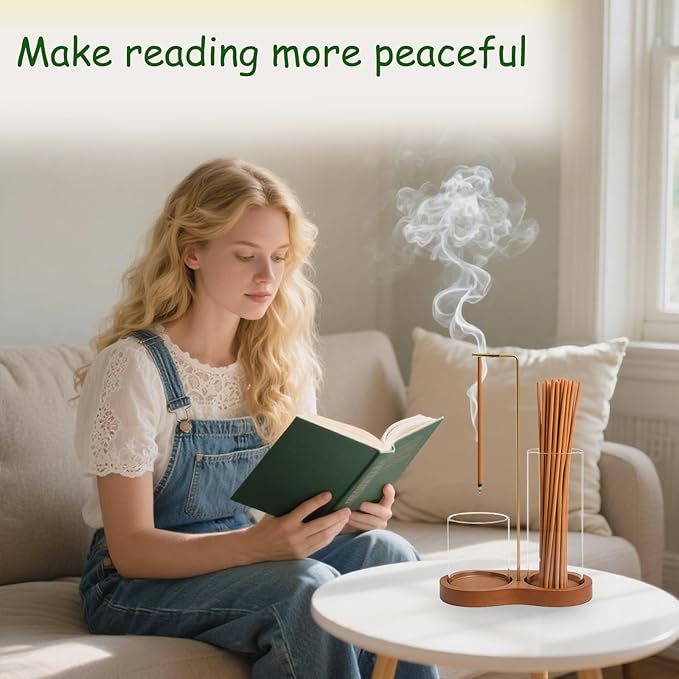 Incense Holder, 2 in 1 Insence Stick Holder, Incense Burner Holder with Storage, Incense Holder for Sticks with Removable Glass Ash Catcher for Yoga, Spa, Meditation, Wooden Home Decor