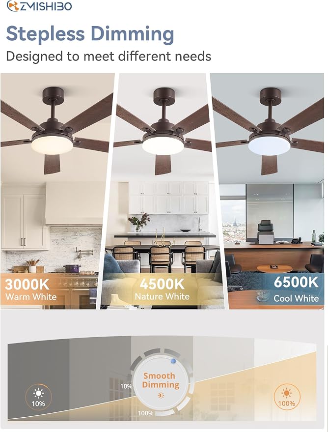 52 Inch Ceiling Fan with Remote, Indoor/Outdoor Brown Ceiling Fan with Large LED Panel, Quiet Reversible DC Motor, 6-Speed, 3000-6500K Stepless Dimming, Farmhouse Ceiling Fan for Bedroom, Living Room