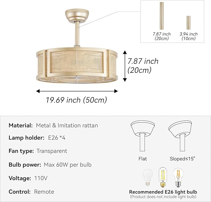 20" Boho Ceiling Fans with Lights, Rattan Fandelier Ceiling Fan with Light Remote Control with Caged 6 Speeds for Bedroom, Nursery, Living Room (Gold)