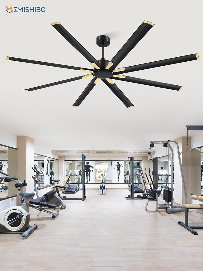 ZMISHIBO 84 Inch Industrial DC Motor Ceiling Fan, Large Ceiling Fan with 8 Reversible Blades, 3 Downrods, 6-Speed Remote Control, Home or Commercial Ceiling Fans for Porch/Garage/Shop, Black and Gold
