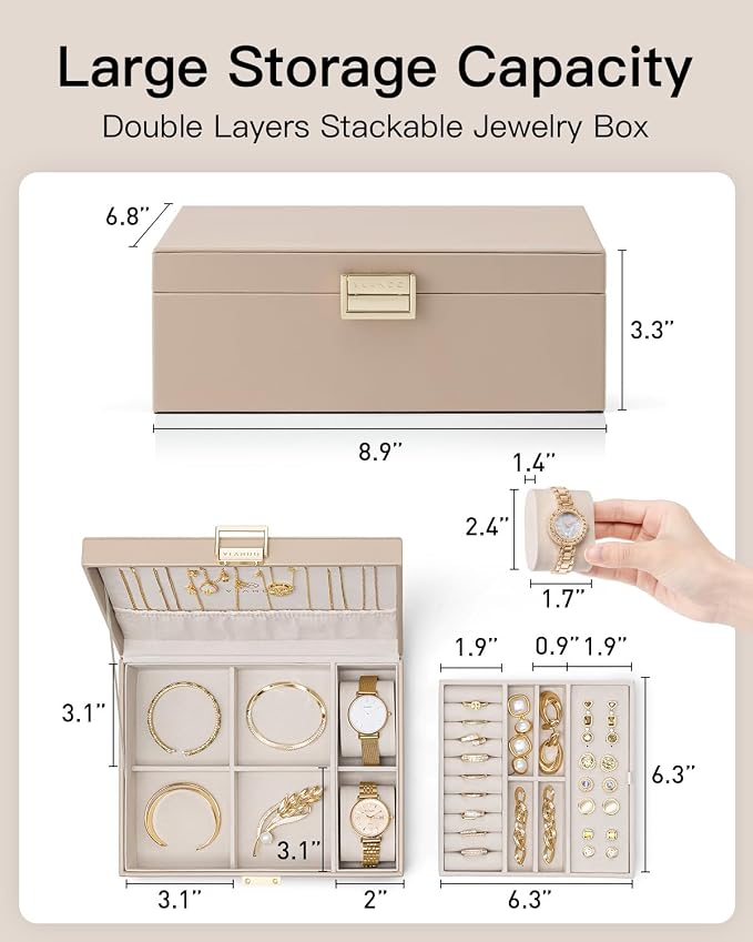 VLANDO Jewelry Organizer,2 Layer Jewelry Box Large Jewelry Organizer for Women Removable Jewelery Tray with Watch Pillow for Necklace Earrings Rings Bracelets (Toffee)