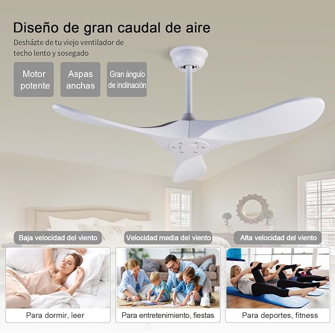 Ceiling Fans without Lights, 42 Inch Ceiling Fans no Lights with Remote Control, 3 Solid Wood Blades Indoor Outdoor Ceiling Fan for Bedroom Patios Kitchen (White Blades)