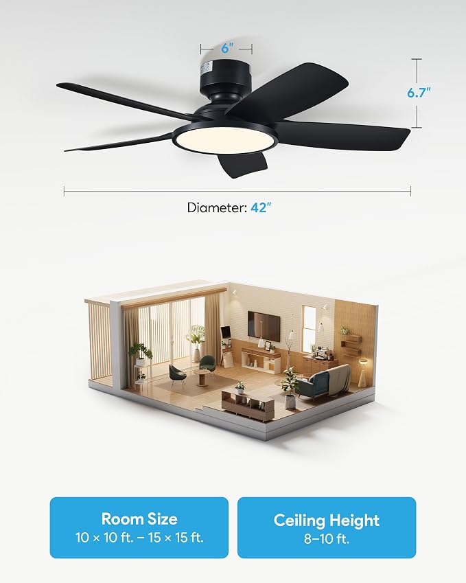 VONLUCE 42 Inch Ceiling Fan with Lights, Quick Install Ceiling Fan and Remote, 6-Speeds Noiseless Reversible DC Motor, 3CCT, Modern Ceiling Fan for Bedroom Living Room Kitchen, Black