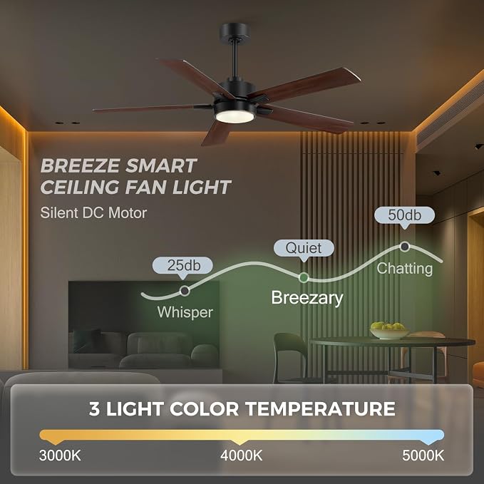 Ceiling Fans with LED Lights, 52 Inch 5-Blade Ceiling Fan Remote Control, Industrial Ceiling Fan with Reversible DC Motor, Downrod Mount LED Ceiling Light Chandelier for Bedroom (Black & Walnut)