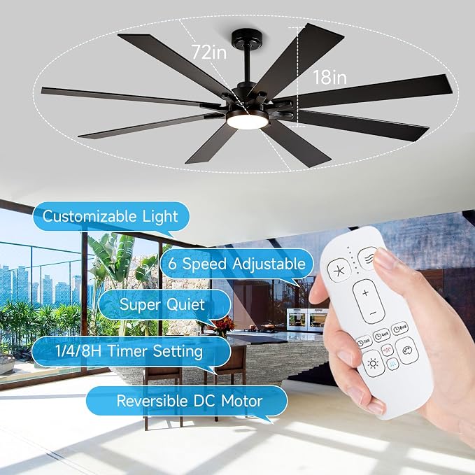 72 inch Ceiling Fans with Lights and Remote, Indoor Outdoor Ceiling Fans for Patios, Black Industrial DC Ceiling Fan with 8 Reversible Blades for Living Room Farmhouse Garage Covered Ourdoor