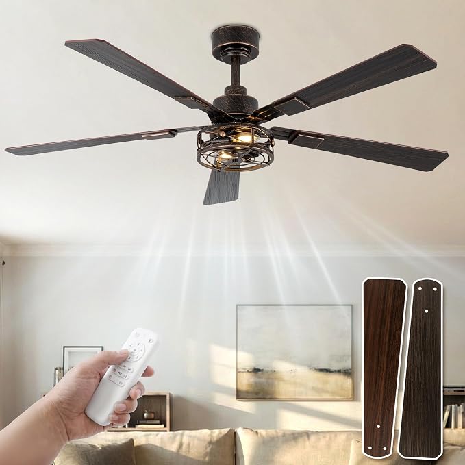 52 Inch Farmhouse Ceiling Fans with Lights, Caged Ceiling Fan with Remote Control, Quiet and Reversible DC Motor, 6-Speed 5 Blades House Ceiling Fan for Kitchen, Living Room, Black and Gold Color