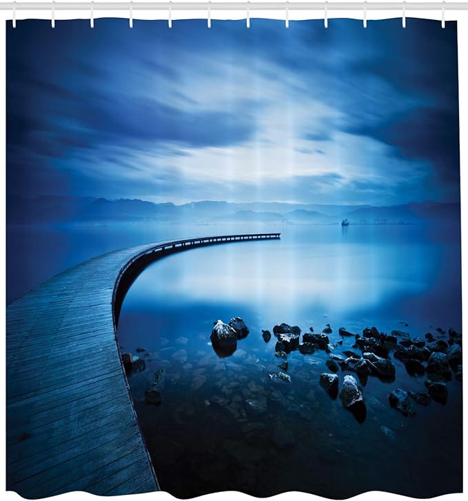 Ambesonne Seascape Shower Curtain, Seaside Rocks Curvy Jetty at Dawn Dreamy Panoramic Majestic Aquatic View Print, Cloth Fabric Bathroom Decor Set with Hooks, 69" W x 75" L, Navy Blue
