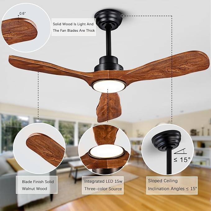 42 In Wood Ceiling Fan with Light,Noiseless Reversible DC Motor with Remote | tung walnut solid wood blades, quiet dc motor, remote control, dimmable 3cct led, indoor outdoor for farmhouse kitchen patio