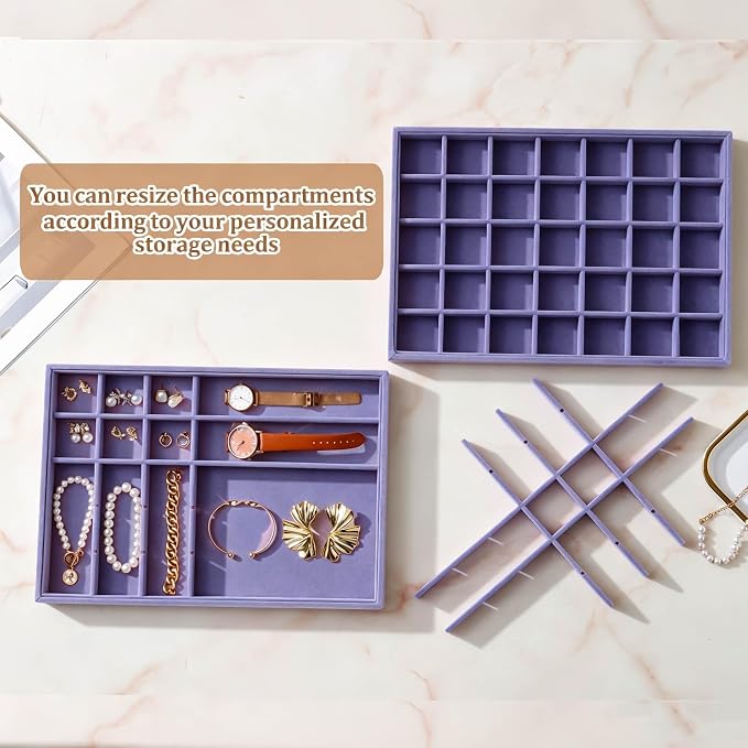 Large Velvet Jewelry Tray 2 Pack Stackable Jewelry Display Drawer Inserts Trays Organizer for Earring Bracelet Necklace Ring (Purple, 35 Grids)