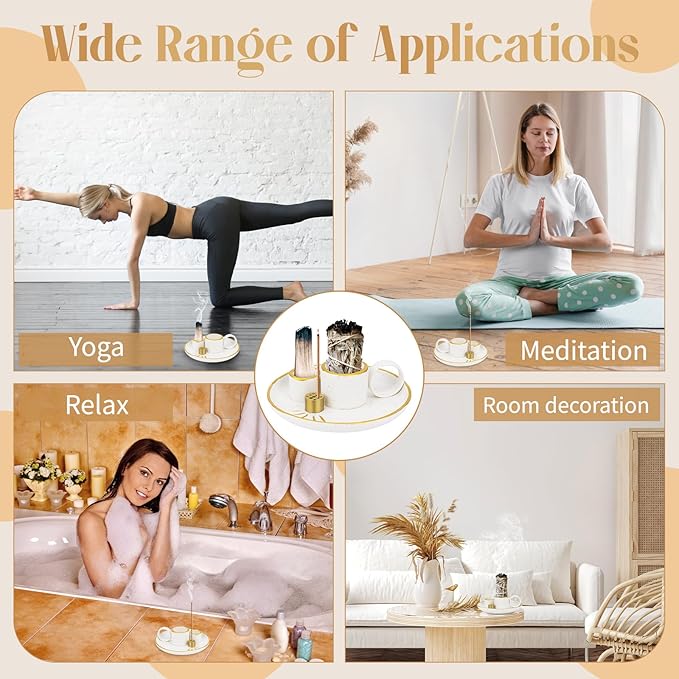 SelfTek 5 in 1 Incense Holder for Sticks, Ceramic Incense Burner Holder and Ash Catcher Tray, Palo Santo Holder - 9 Incense Holes for Candle, Sage Holder for Burning for Meditation Yoga Room (White)