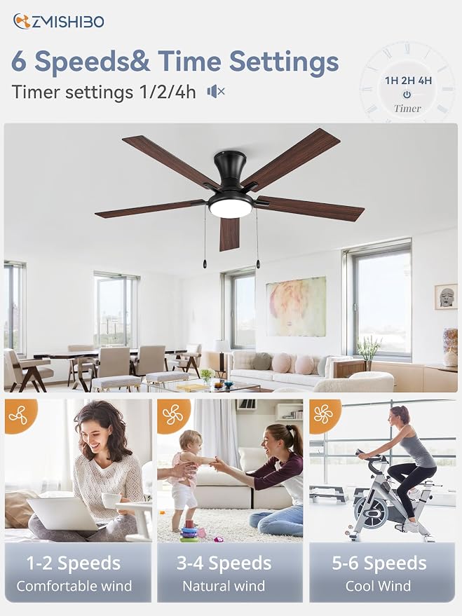 ZMISHIBO Ceiling Fans with Lights, Low Profile Ceiling Fan with Pull Chain and Remote Control, Flush Mount, Reversible, Dimmable, Noiseless, White Pull Cord Ceiling Fan for Bedroom(60inch Black)