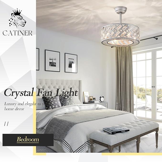 CATINER 18.5" Crystal Caged Bladeless Ceiling Fan with Light, Remote Control, Silent 6-Speed Reversible Motor – Modern Enclosed Ceiling Fan for Bedroom, Kitchen, Living Room (Silver)