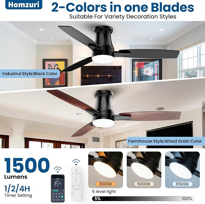 46 Inch Flush Mount Ceiling Fan with Light, Silent Motor, Dimmable LED 3 CCT, 6 Speed, Reversible DC Motor, Remote & APP Control, Black Modern for Bedroom & Elderly
