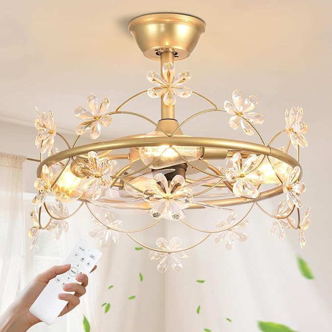 Depuley Bedroom Ceiling Fan with Lights: 20" Gold Chandelier Small Fan with Remote Control - Modern Flower Fandelier for Girl's Bedroom Living Room Kitchen