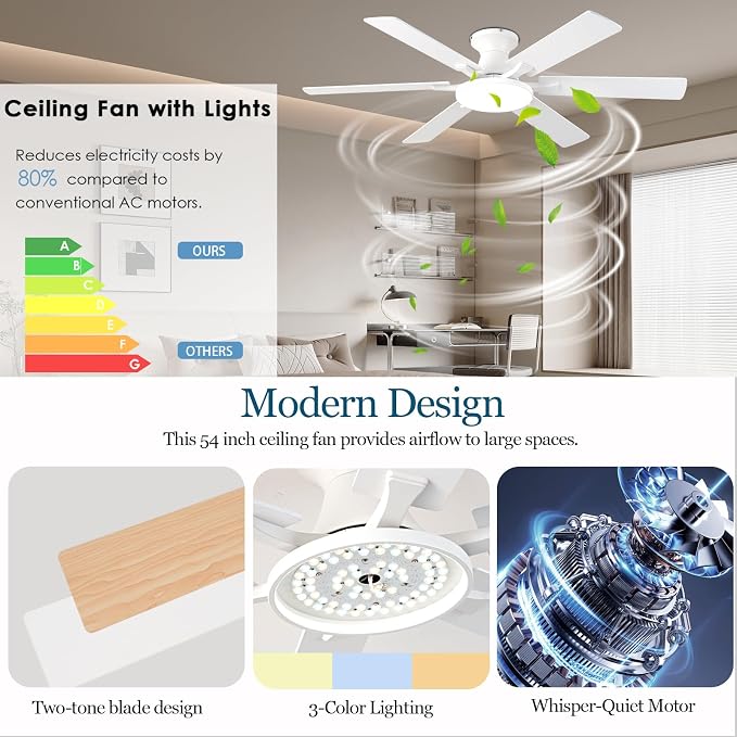 Ceiling Fans with Lights,54 Inch Low Profile Ceiling Fan with Light and Remote Control,6 Speeds/6 Blade,Flush Mount,LED Dimmable DC Reversible Modern, White Ceiling Fan for Bedroom/Living Room