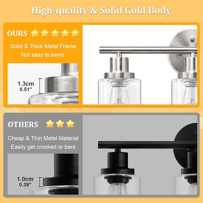 Unicozin Modern Bathroom Light Fixtures, 3 Light Vanity Lights with E26 Bulbs, Brushed Nickel Wall Lamp with Clear Glass for Mirror Living Room Hallway Cabinet Porch