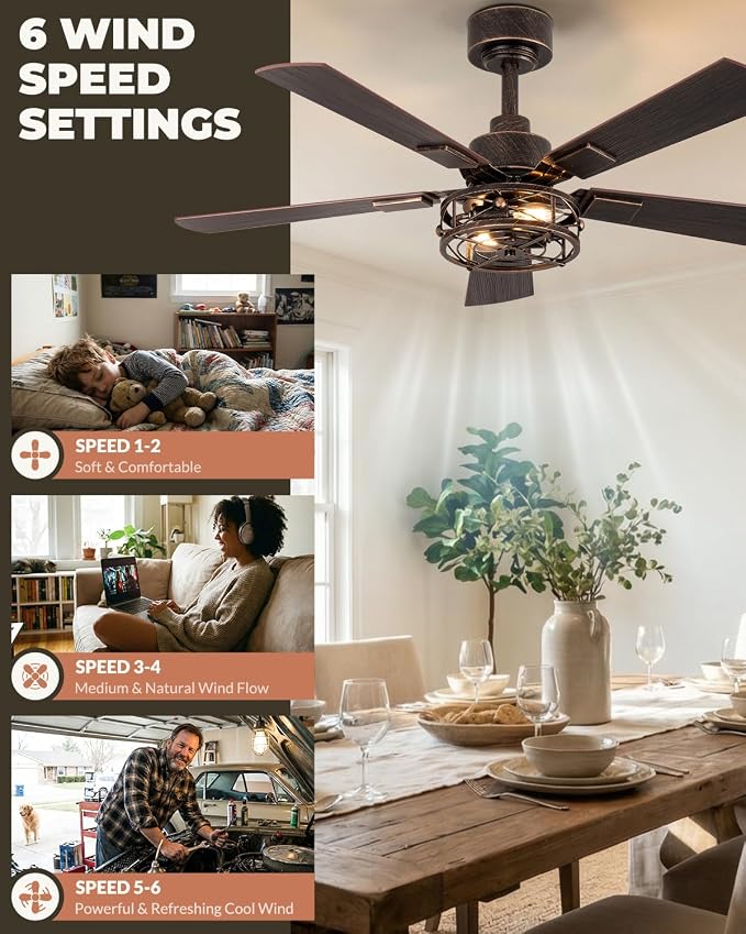 Farmhouse Ceiling Fans with Lights, 42 Inch Bedroom Ceiling Fan with Remote Control, Quiet and Reversible DC Motor, 6-Speed 5 Blades Caged Ceiling Fan for Bedroom, Living Room, Black and Gold Color