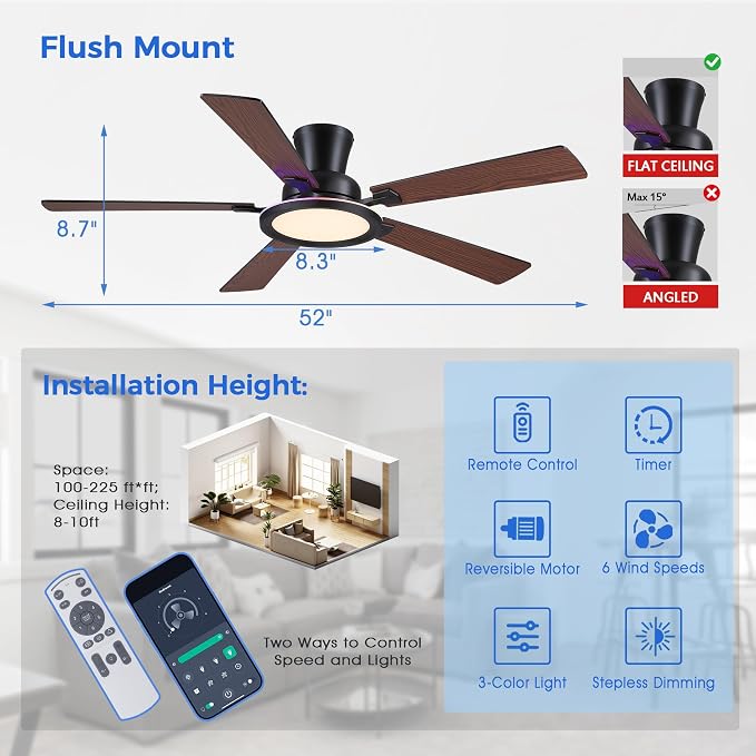 Ayaoty Ceiling Fans with Lights - 52in Flush Mount Ceiling Fan with RGB Dimmable, 3CCT 6 Wind Speeds and Reversible Quiet Motor, Low Profile RGB Fan Light for Modern Indoor, Party - Brown