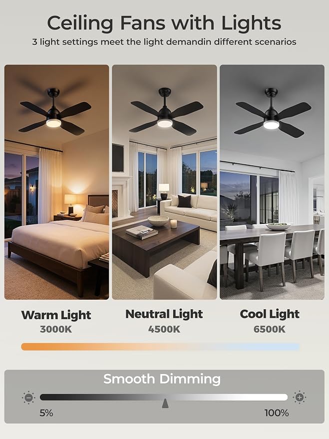 42 Inch Ceiling Fans with Lights: Ceiling Fan with 4 Dual Sided Fan Blades, Remote and App Control, 6 Wind Speed, Reversible DC Motor, 3CCT Dimmable LED, Small Black Ceiling Fan for Bedroom