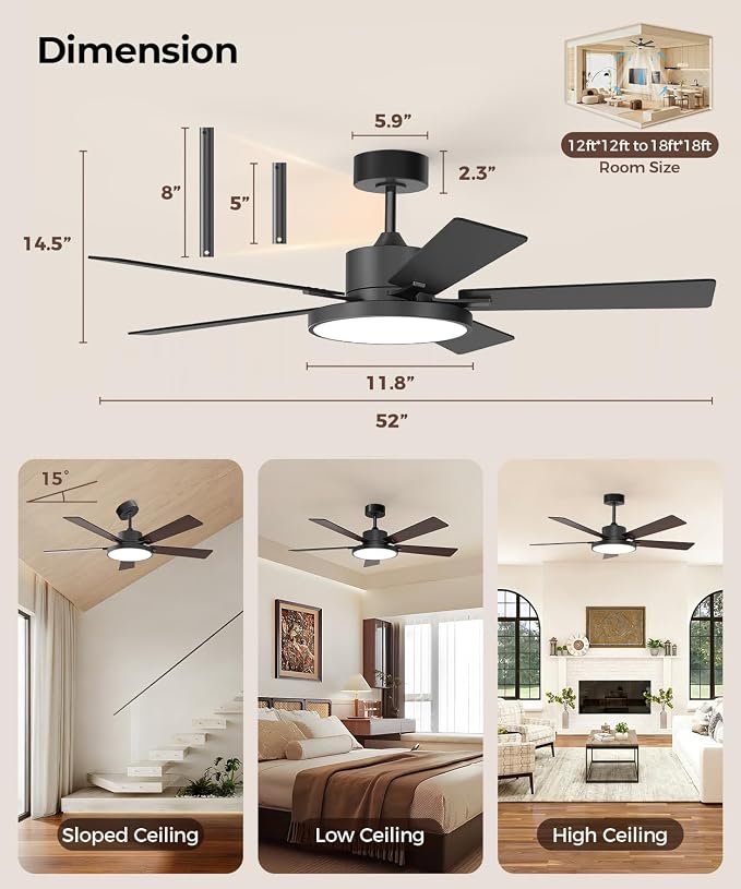 Ceiling Fan with Light,RGBCW Smart 52" Low Profile Ceiling Fan with Light and Remote,Alexa/Google/App Control,Reversible DC Motor,Dimmable,2500lm,Quiet Fan for Bedroom,Living Room Black