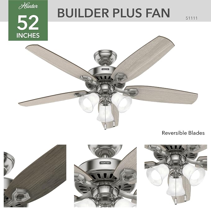 Hunter Builder Plus, Indoor, Ceiling Fan, 5 Blades, 52 inch, Brushed Nickel | with LED Lights, Standard Mount, Pull Chain, For Bedroom, Living Room, Includes Bulbs, 51111