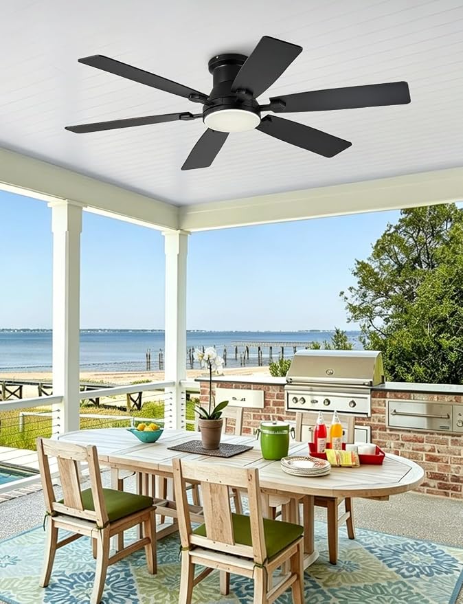 52 inch Low Profile Ceiling Fan with Light and Remote/APP Control, LED Dimmable, 3CCT, DC Reversible Motor, Modern, 6 Speeds, Black Flush Mount Ceiling Fans for Bedroom Living Room/Outdoor Use