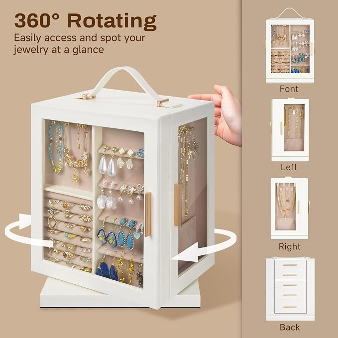 360° Rotating 5‑Drawers Jewelry Box with Top Handle & Glass Window, Spacious Vertical Jewelry Organizer, Jewelry Storage Case, Dustproof & Moisture‑resistant Design. (White)