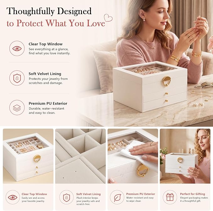 Jewelry Box - 3 Layer Jewelry Organizers and Storage with Clear Lid & 2 Drawers,Jewelry Boxes for Women, Watch Necklace Ring Earring Storage Gift Case, Cloud White | Jewelry Boxes For Women – Velvet Lining, Tangle-Free Storage – Watch, Bracelet, Ring, ...