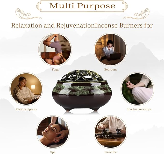 Handmade Ceramic Incense Burner with Metal Lid - Zen Meditation, Home Decor,Spiritual Gift, Durable & Elegant Design for Yoga, Altar, or Relaxation,Large Capacity Incense ash Catcher. (Fambe Green)