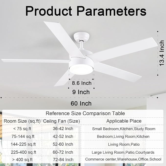 POCHFAN 60 Inch White Ceiling Fans with Lights and Remote Control,Quiet Modern Ceiling Fan for Bedroom,Living Room, Dining Room,Dimmable 3-Color Temperatures 6-Speed