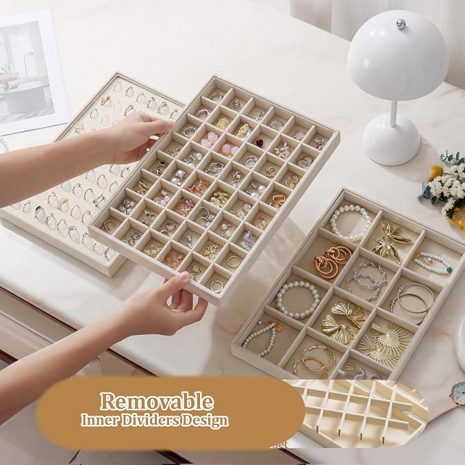 Large Velvet Jewelry Tray Display Drawer Inserts 2 Pack | Stackable Jewelry Organizer for Earring Bracelet Necklace Ring (Beige, 48 Grids)