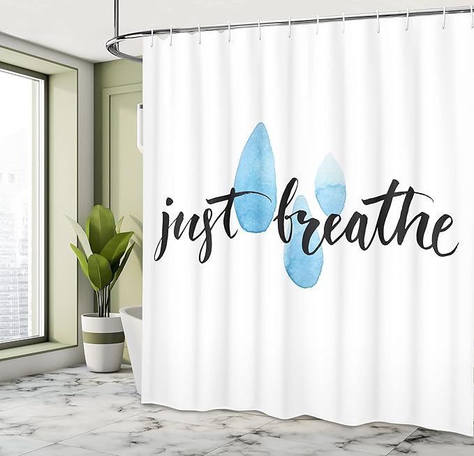 Ambesonne Saying Shower Curtain, Just Breathe Lettering Inspirational Words Calligraphy PastelRaindrop Spots Life Positivity Themed, Cloth Fabric Bathroom Set with Hooks, 69" W x 70" L, Black Blue