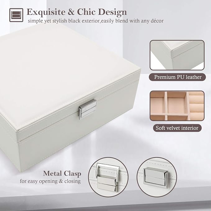 ProCase 2 Layers Jewelry Box for Women -White | Large Leather Jewelry Organizer Storage Case with Removable Pad for Earrings